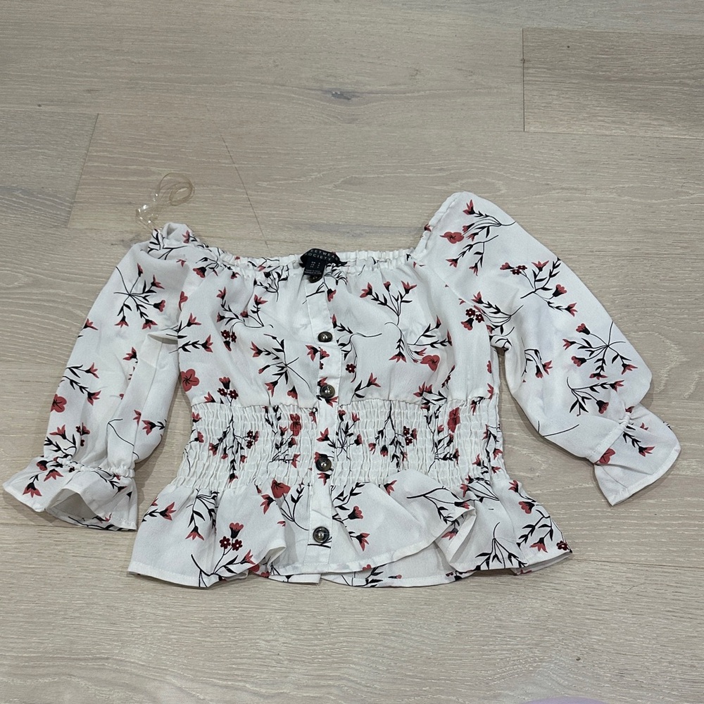 Society White and Red Floral Smocked Blouse